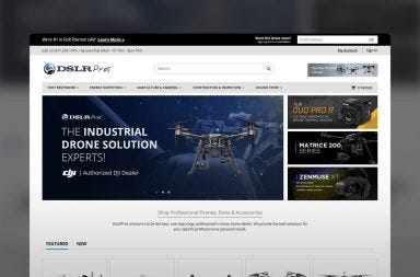 Screenshot of the redesigned DSLRPros website homepage featuring enterprise drone solutions, DJI products, industrial UAV technology, navigation improvements, and commercial drone resources.