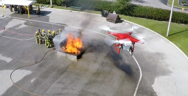 Drone supporting a live firefighting training exercise by providing aerial situational awareness, fire monitoring, and emergency response intelligence for public safety teams.