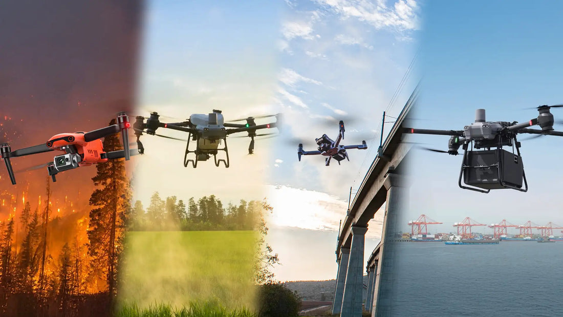 Collage of BVLOS drones in public safety, agriculture, infrastructure inspection, and delivery operations