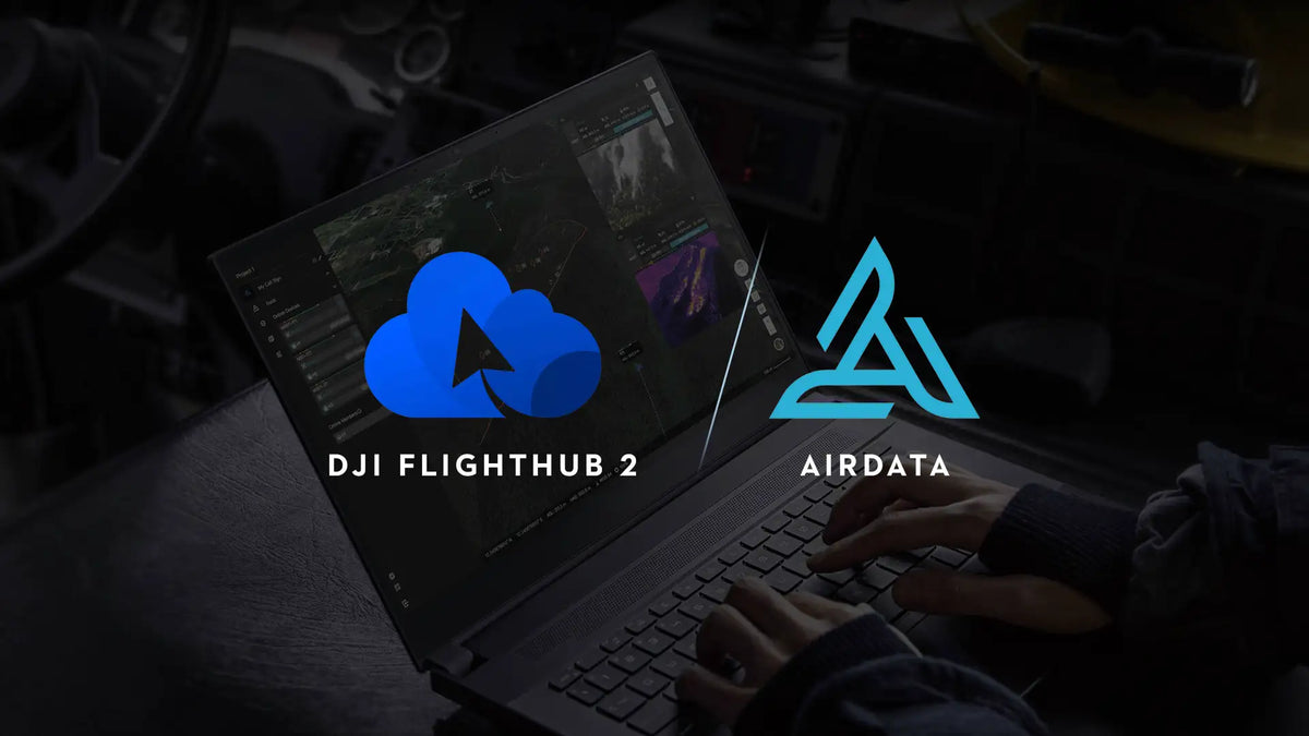 Logo of DJI FlightHub 2 and AirData drone management platforms on dark grayed out background