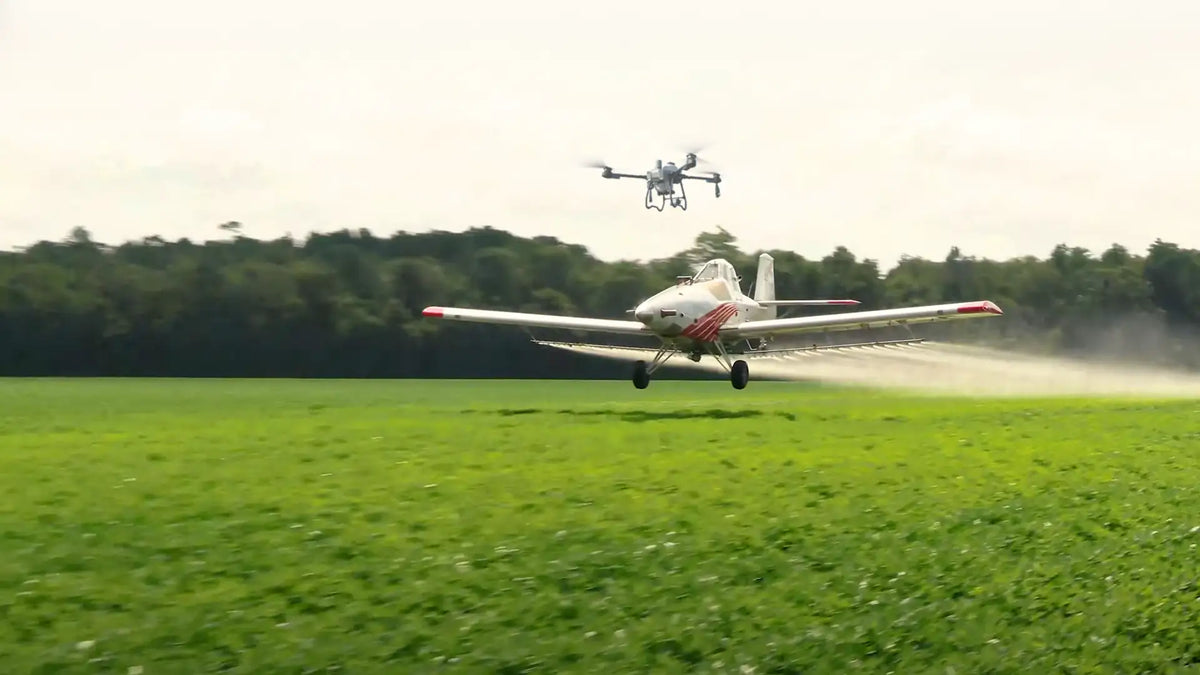Agricultural drone flying near a crop duster aircraft, highlighting safe drone operations around agricultural fields and aerial spraying activities.