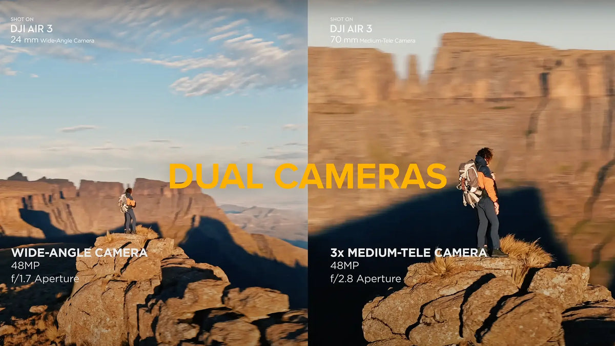 Two side-by-side images showcase a person with a backpack standing on rocky terrain. Labels highlight wide-angle and medium-tele lenses, emphasizing camera capabilities.