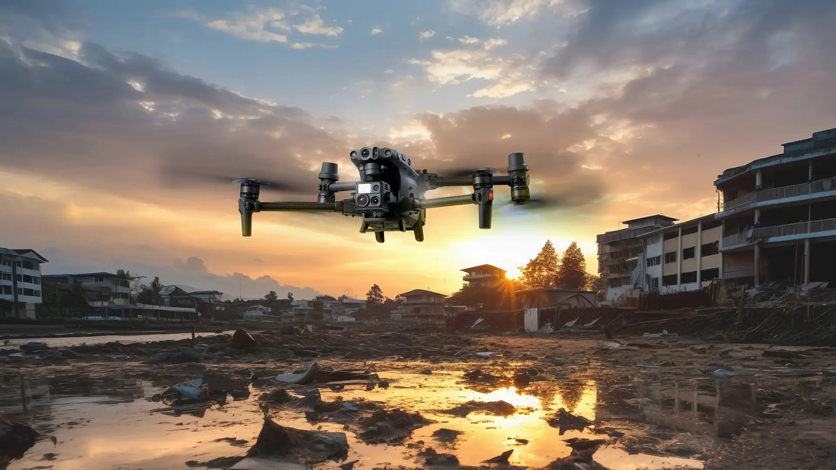Long-range enterprise drone flying over a disaster area to support search and rescue, aerial mapping, damage assessment, and emergency response operations.