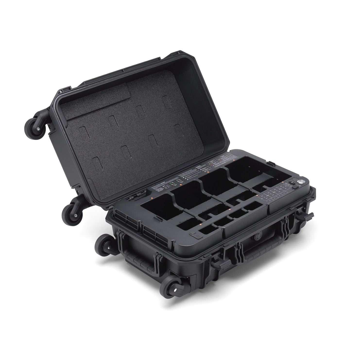 Open DJI BS65 intelligent battery station with multiple charging slots for Matrice 350 batteries
