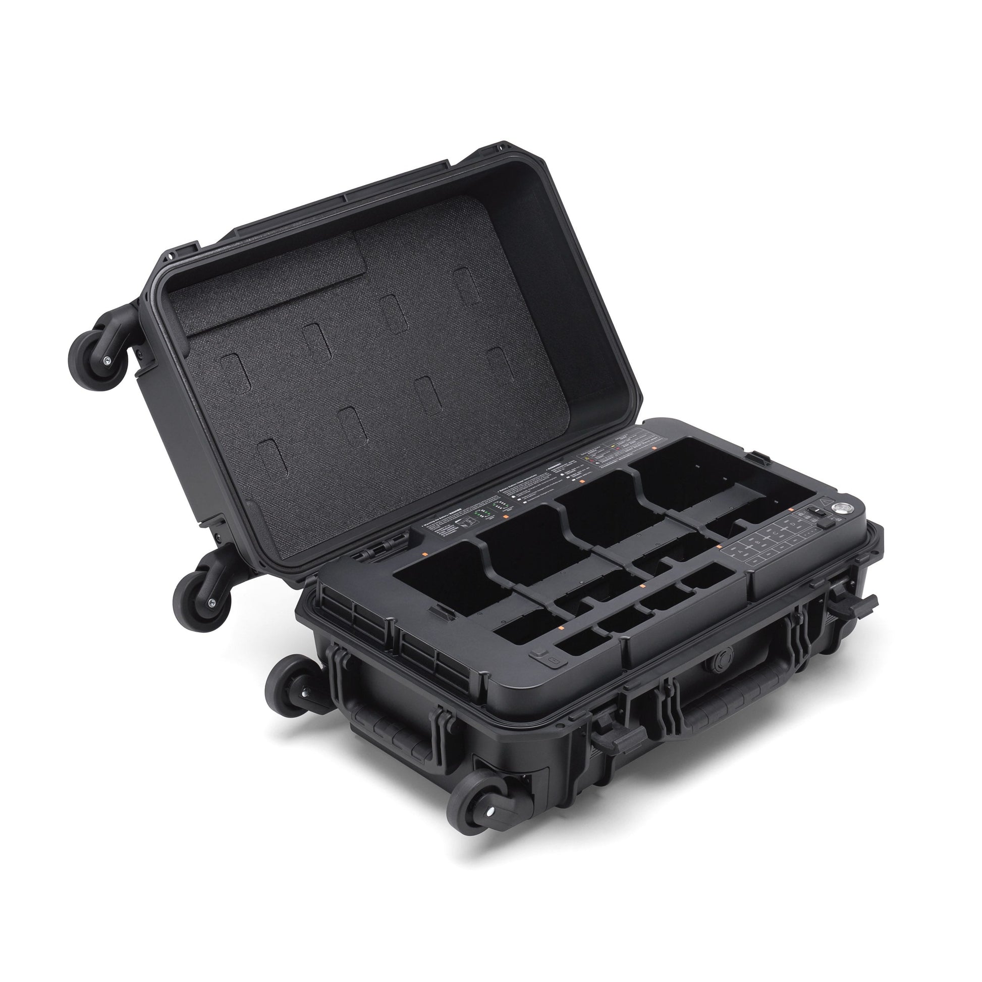 Open DJI BS65 intelligent battery station with multiple charging slots for Matrice 350 batteries