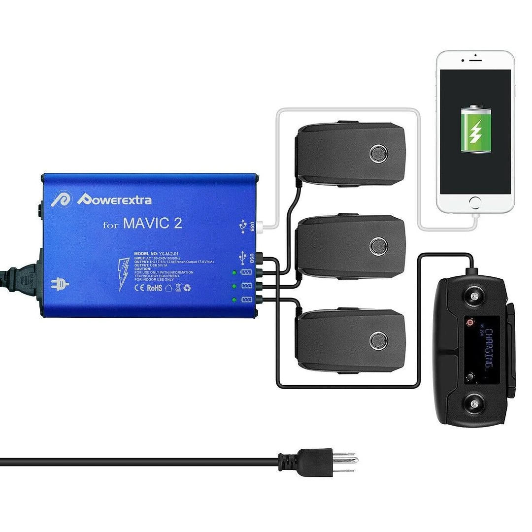 Multicharger for DJI Mavic 2 Intelligent Flight Batteries with illustrations of batteries, remote controller and mobile phone