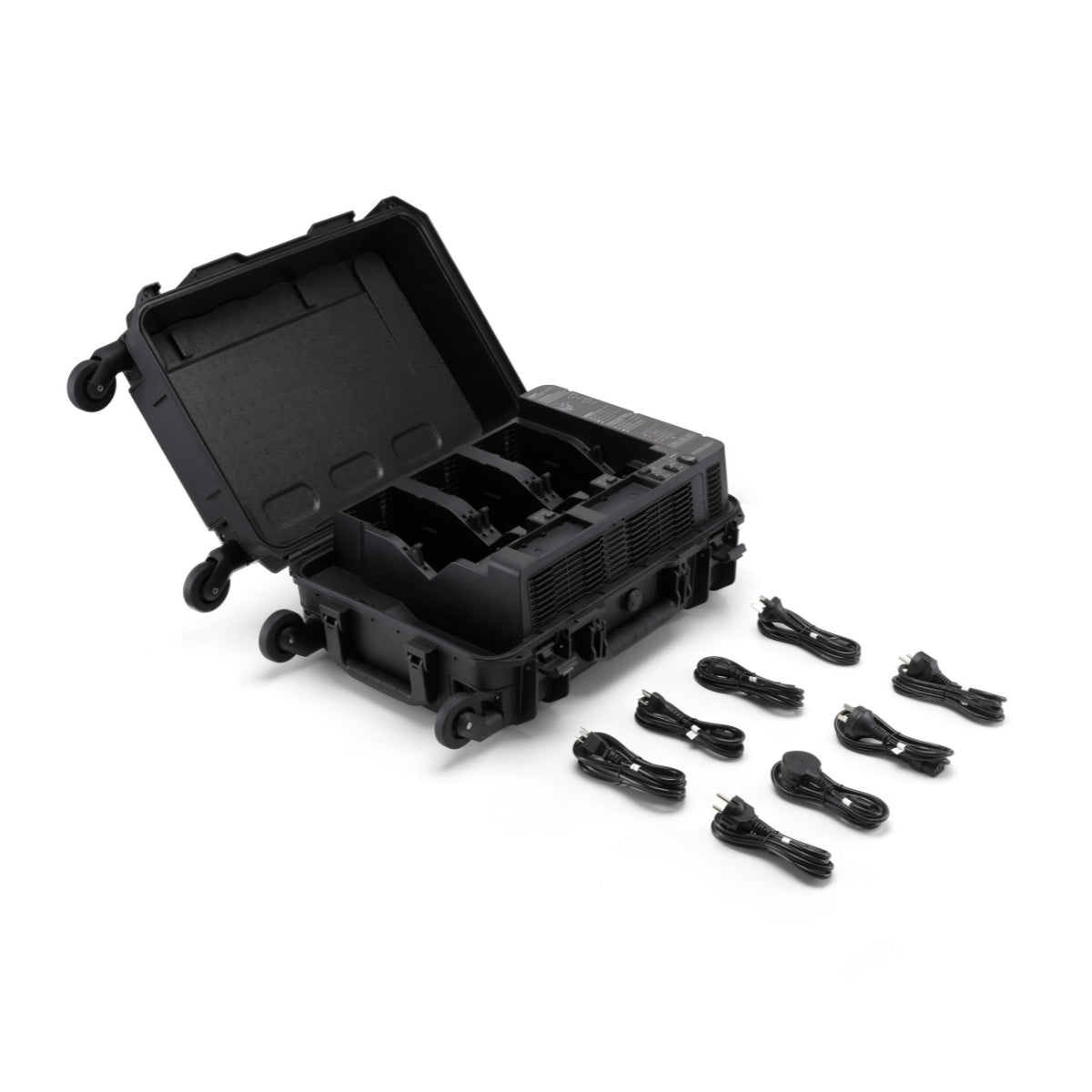 DJI BS100 battery station opened to show charging compartments and eight power cables