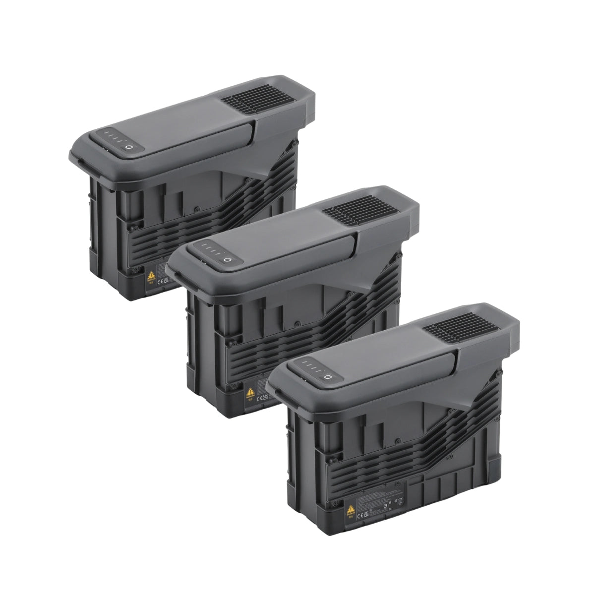 Three DJI TB100 Intelligent Flight Batteries arranged diagonally on a plain white background.