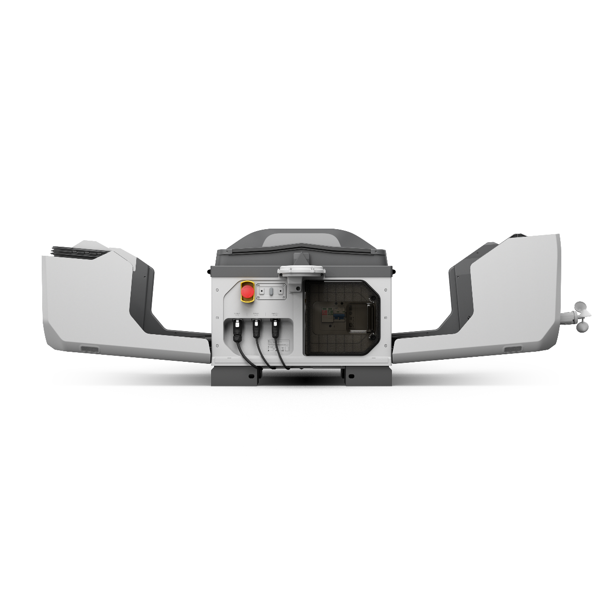 DJI Dock 3 exterior connection panel opened with power cable attached