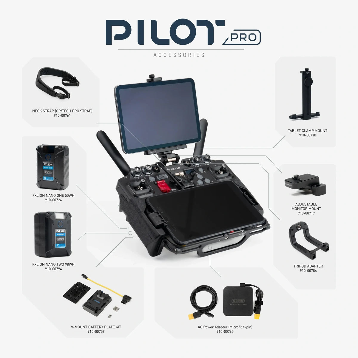 Pilot Pro controller accessories diagram showing the Freefly Adjustable Accessory Mount