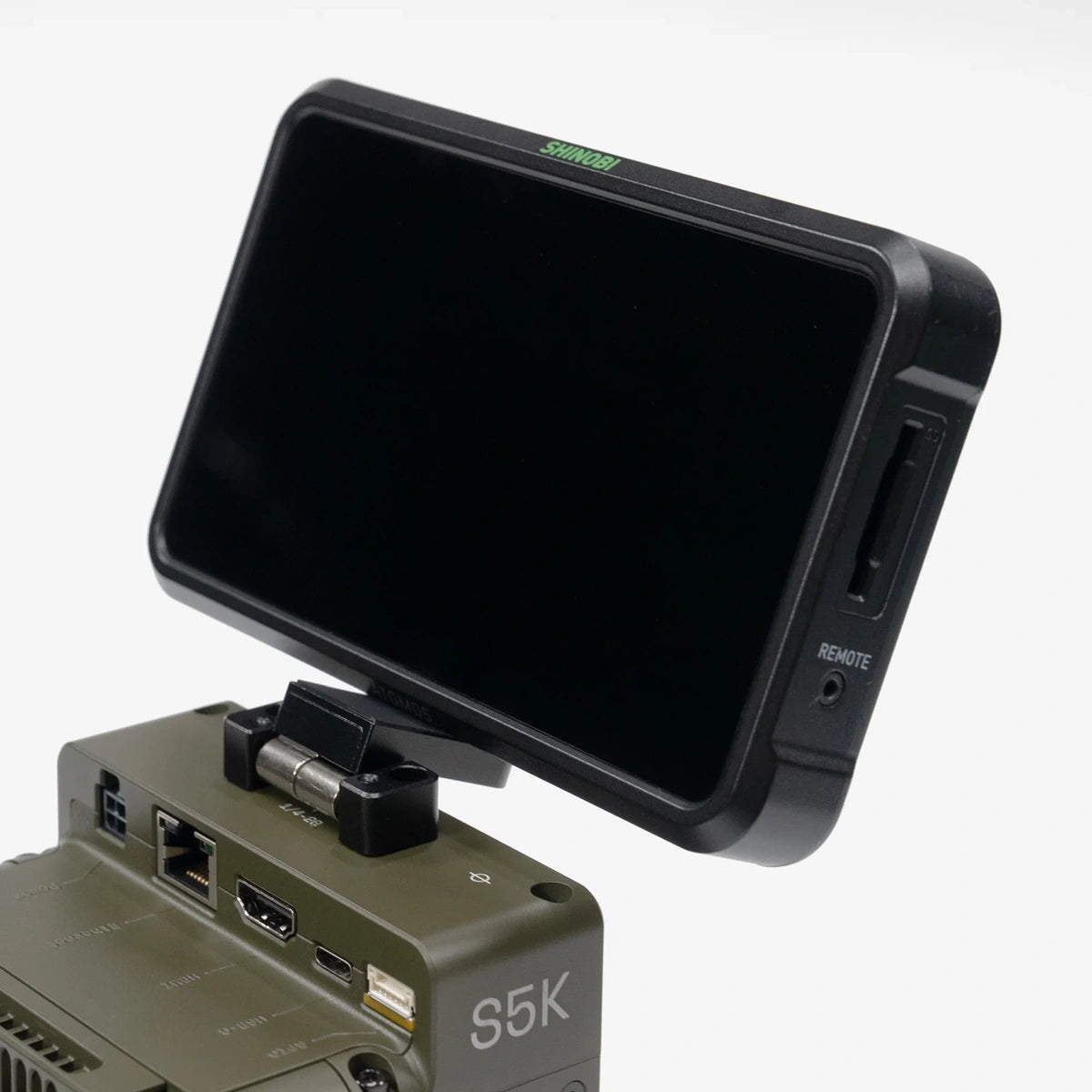 Monitor attached to a Freefly Ember S5K camera with the Adjustable Accessory Mount