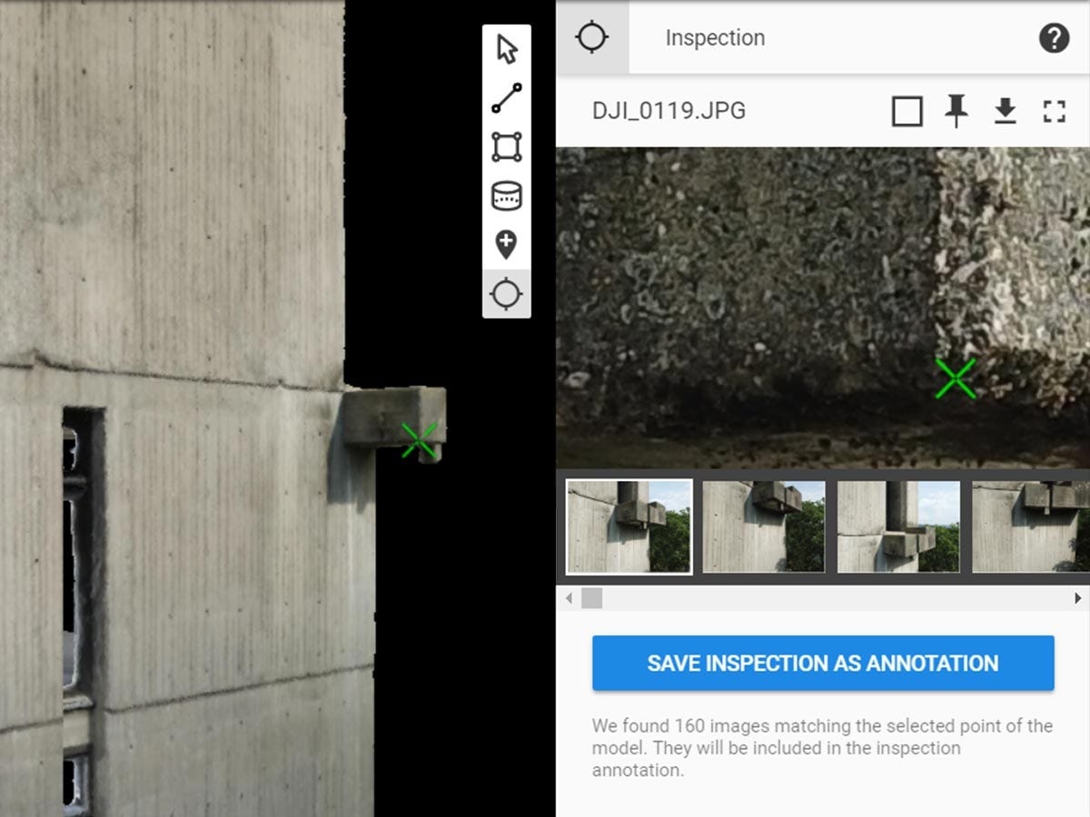 PIX4Dmapper inspection interface with concrete surface images and annotation tools