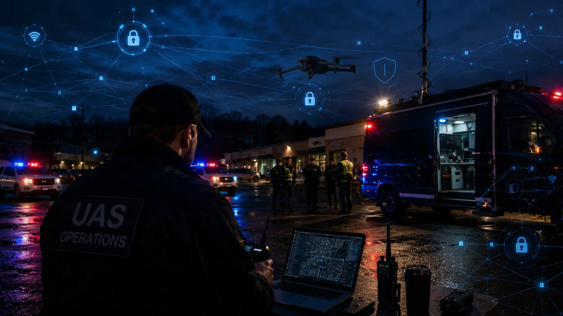 DJI Matrice drone supporting a public safety operation with cybersecurity monitoring overlays and command vehicle in the background