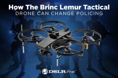 A tactical drone with four propellers is featured against a dark blue background with silhouettes of police officers. Text reads, "How the Brinc Lemur Tactical Drone Can Change Policing."