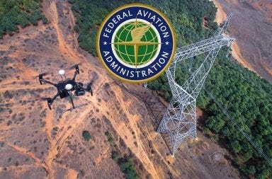 Drone flying near power lines with FAA logo, representing Part 107 drone license requirements, FAA regulations, legal drone operations, and commercial UAS pilot certification.