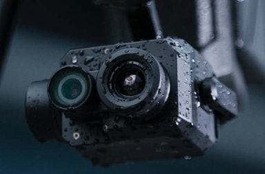 Close-up of the DJI Zenmuse XT2 FLIR thermal camera mounted on an enterprise drone, featuring high-resolution infrared imaging for inspections, public safety, firefighting, search and rescue, and industrial operations.