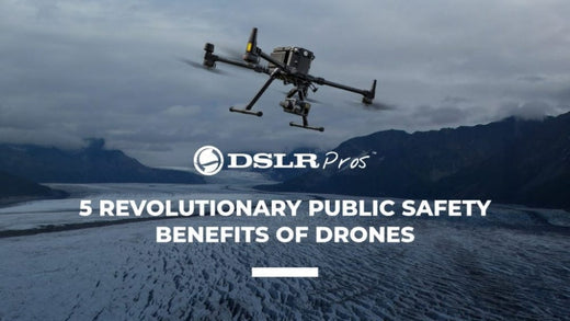 Drone flying over a vast glacier landscape under a cloudy sky. Text overlay: "DSLR Pros - 5 Revolutionary Public Safety Benefits of Drones".