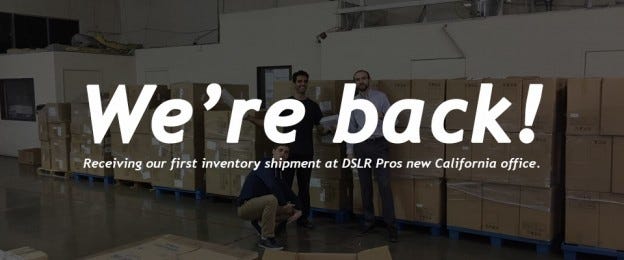 header image of DSLRPros team celebrating the company's return under new ownership at its California headquarters, highlighting expanded operations, enterprise drone solutions, and renewed customer support.