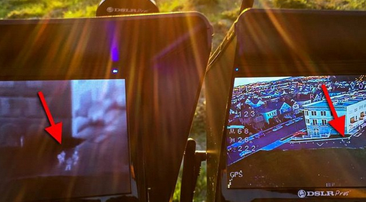 Side-by-side comparison of thermal and visible drone camera footage highlighting heat signatures for public safety, search and rescue, infrastructure inspections, and thermal imaging applications.