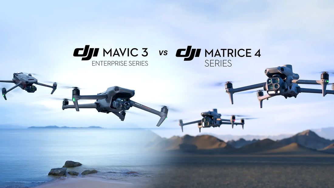 DJI Mavic 3 Enterprise Series and DJI Matrice 4 Series drones flying side by side for an enterprise drone comparison covering inspections, mapping, and public safety.