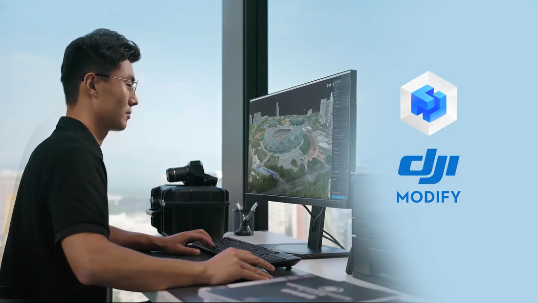 DJI Modify software used for aerial surveying with advanced editing tools, mapping software integration, 3D model refinement, and professional geospatial data processing.
