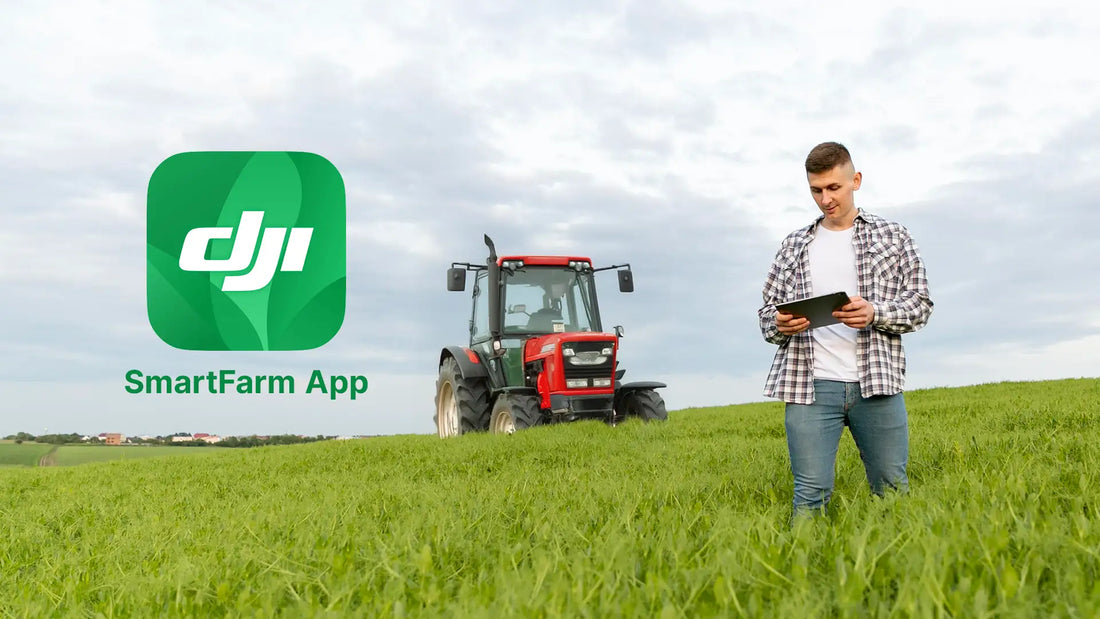 Farmer using the DJI SmartFarm app on a tablet to manage field operations, crop monitoring, and precision agriculture with a tractor in the background.