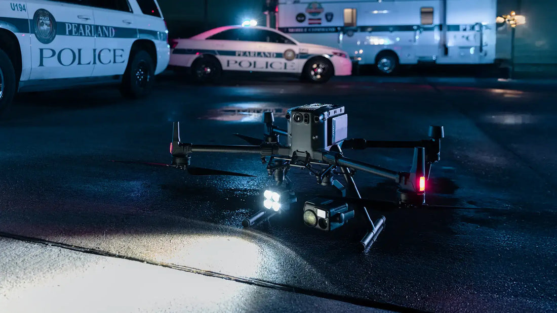DJI enterprise drone deployed by law enforcement during a nighttime emergency response, supporting search and rescue, public safety, and incident management.