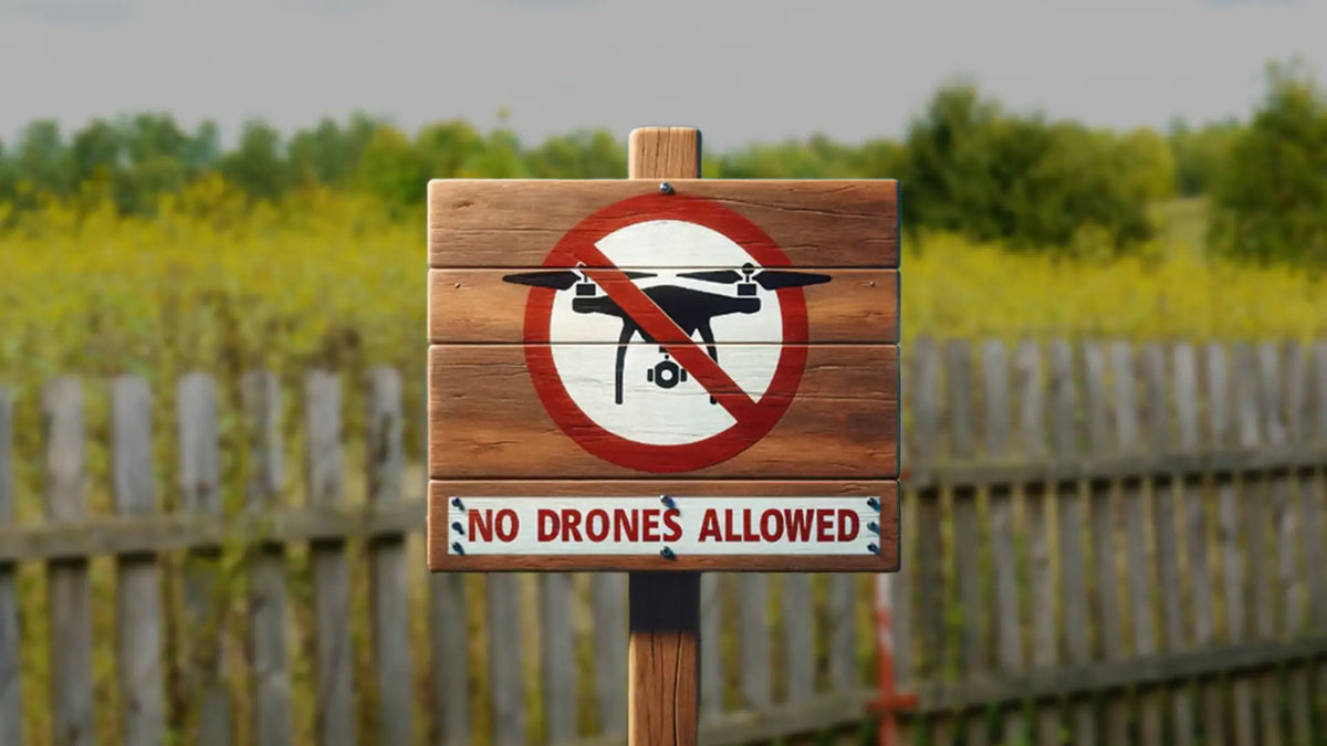 No drones allowed sign marking a restricted airspace area to promote drone safety, regulatory compliance, and public safety awareness.
