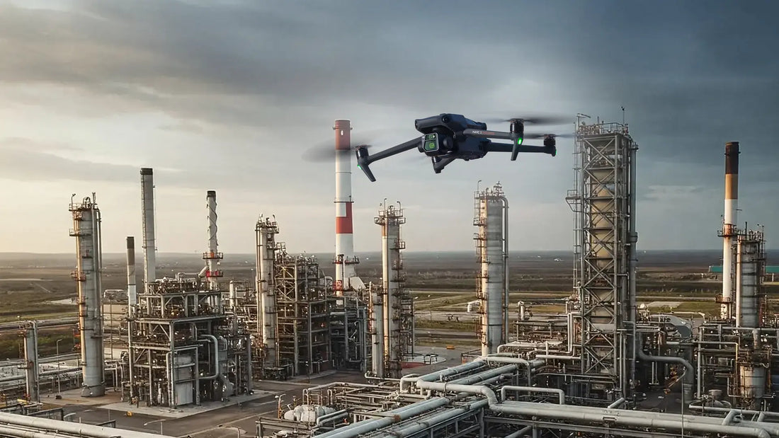Enterprise drone inspecting refinery infrastructure to improve industrial safety, reduce inspection costs, minimize downtime, and capture actionable aerial data.