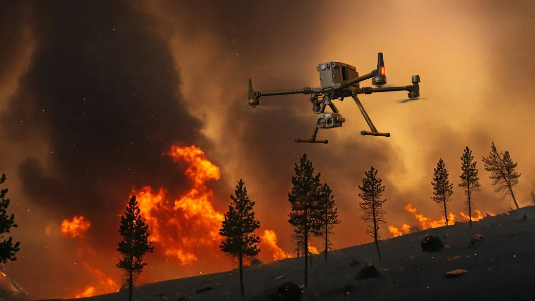 Enterprise firefighting drone providing thermal imaging, wildfire monitoring, aerial reconnaissance, and real-time situational awareness during active fire response.