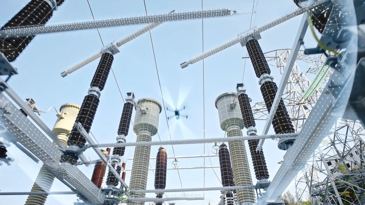 AI-powered drone inspecting a high-voltage electrical substation to detect equipment faults, improve asset management, and enhance operational safety.