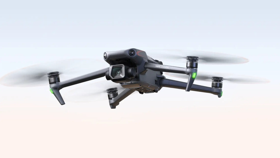 DJI Mavic 3 Classic drone with controller demonstrating setup, intelligent flight modes, camera settings, and advanced flying techniques for new pilots hovering in the skies.