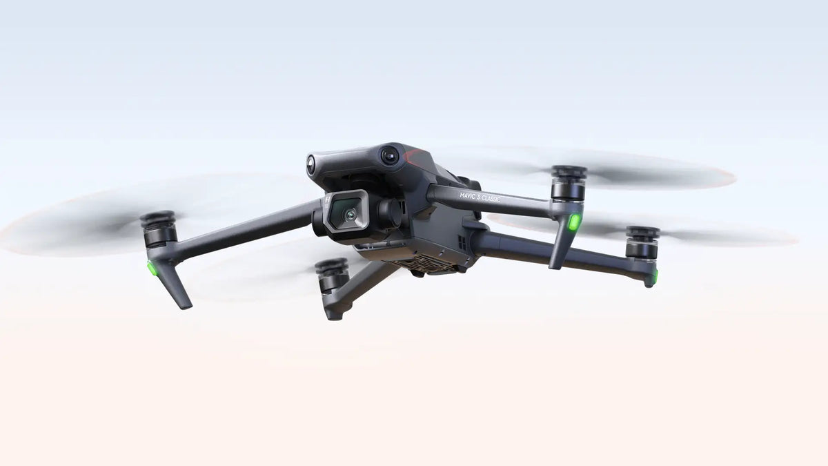 DJI Mavic 3 Classic drone with controller demonstrating setup, intelligent flight modes, camera settings, and advanced flying techniques for new pilots hovering in the skies.