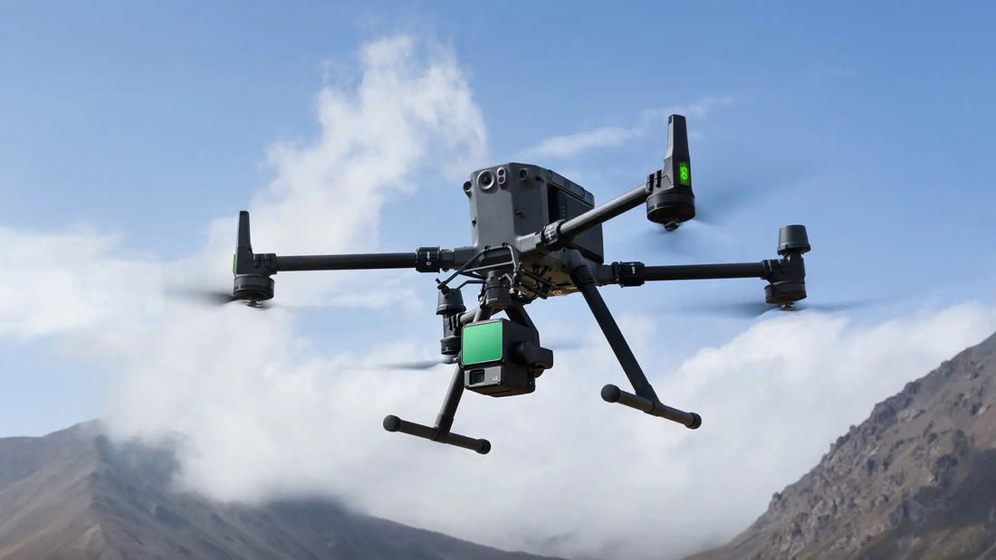 DJI Zenmuse L2 hovering over a flatland with mountain background