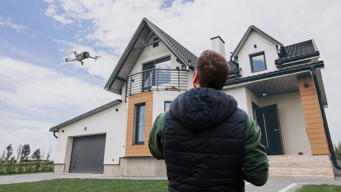 Homeowner observing a drone flying near a residential property, illustrating drone privacy laws, personal space, and responsible drone operations.