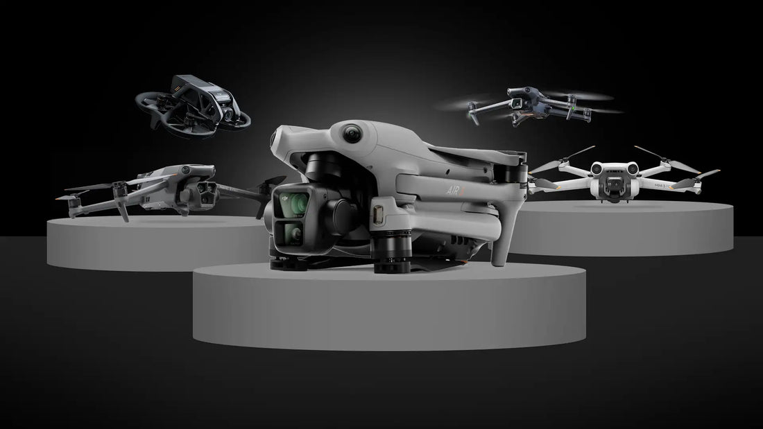 A variety of drones are displayed on circular platforms against a dark background. The central drone is prominently featured, suggesting innovation and technology.