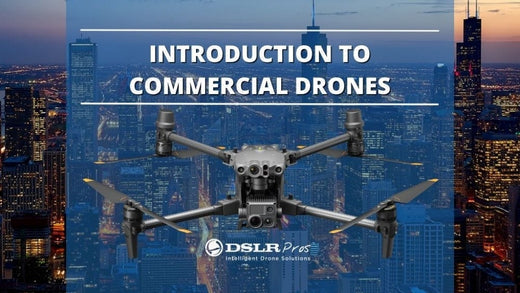 Image of a commercial drone superimposed over a cityscape at dusk. Text reads "Introduction to Commercial Drones" with DSLRPros logo below.