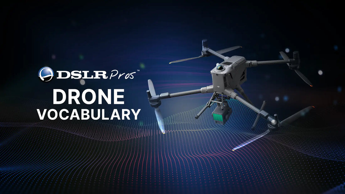 DSLRPros drone vocabulary glossary header with enterprise UAV and data visualization background