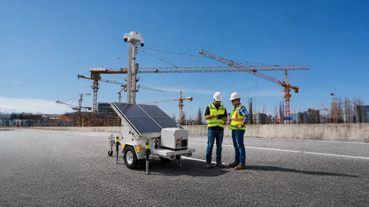 ArgusLine mobile security trailer deployed at an active construction site while DSLRPros and site managers review deployment plans.