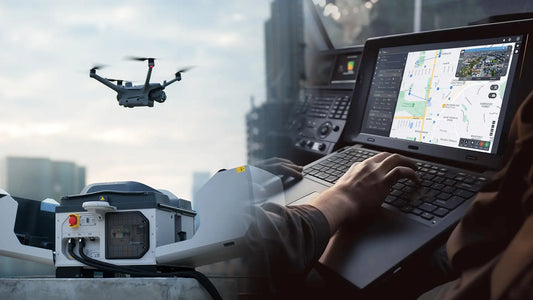 Drone mapping software comparison showing UAV in flight and 3D terrain data on screen.
