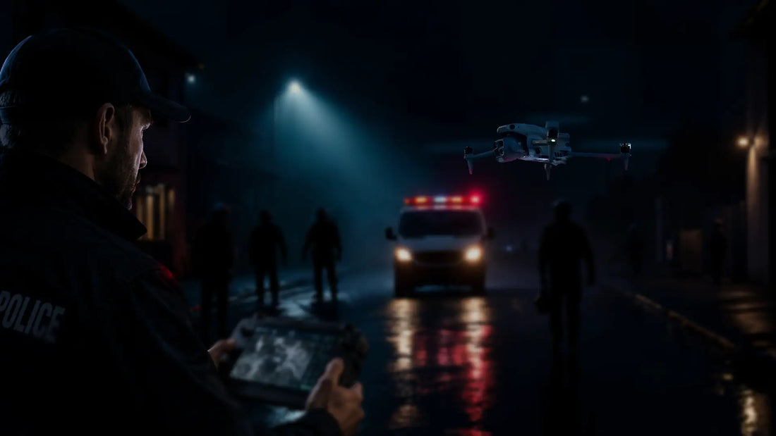 Public safety team deploying a DJI drone during a nighttime emergency response mission supported by qualifying DJI firmware through 2029.