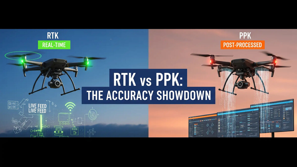 RTK vs PPK drone accuracy comparison visual showing real-time corrections vs post-processed workflow in UAV surveying