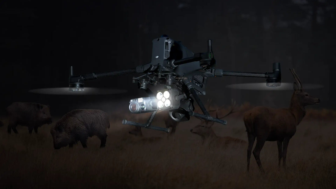 DJI Matrice 400 thermal drone detecting deer and wild hogs during a nighttime wildlife scouting and hunting mission.