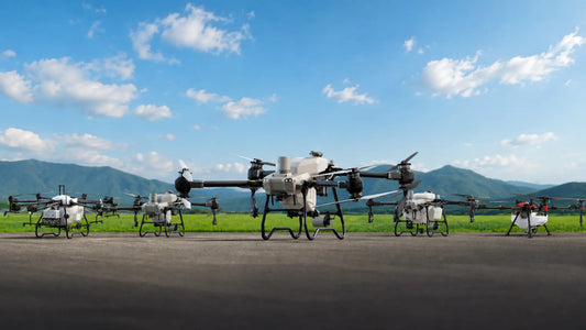 Five commercial crop spraying drones, including the DJI Agras T50, positioned in a farm field at sunrise, comparing leading agricultural drone platforms for professional crop spraying operations