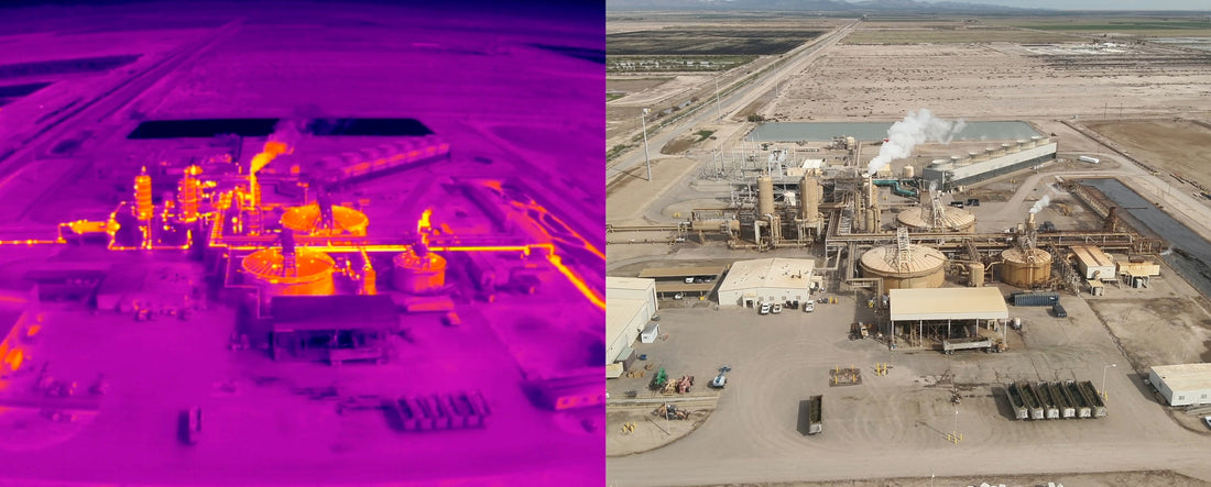 Side-by-side thermal and visible aerial views of an industrial facility showing how thermal drone inspections detect heat anomalies invisible to standard cameras.