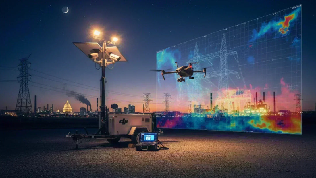 Hybrid drone and solar security trailer providing 24/7 perimeter surveillance at an industrial site