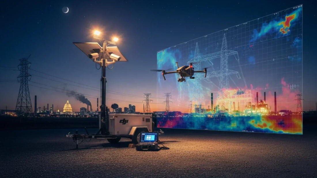 Hybrid drone and solar security trailer providing 24/7 perimeter surveillance at an industrial site