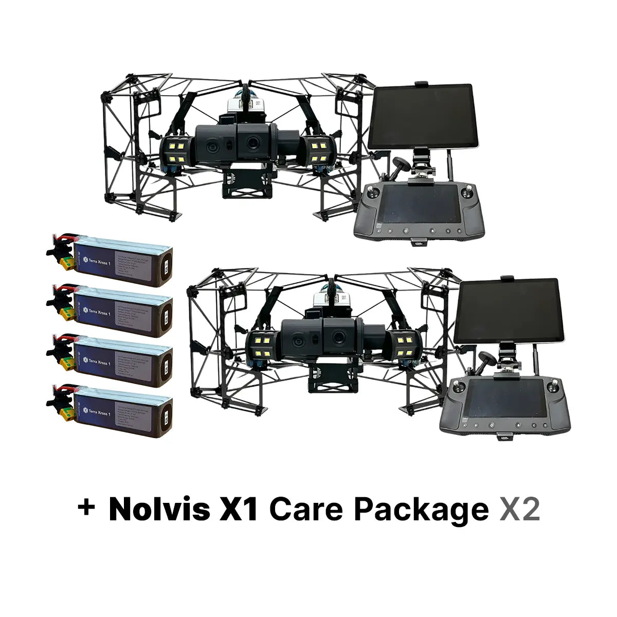 Nolvis X1 Dual Drone Package with Extra Batteries and Care Coverage, package contents