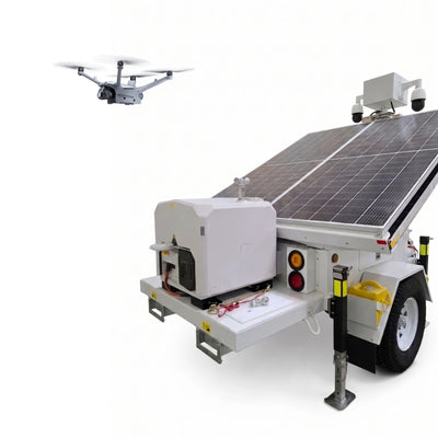 DSLRPros ArgusHawk autonomous response trailer with solar panel, drone dock, security cameras, and drone in flight