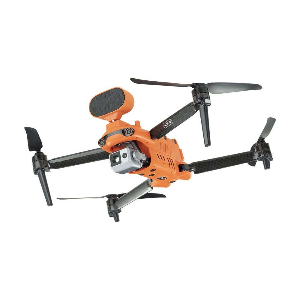 Orange drone with extended propellers, attached camera, and accessories